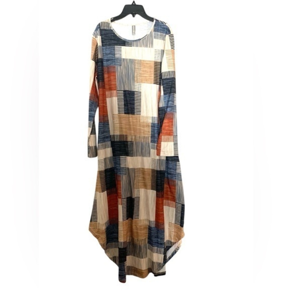 Maxi Dress with Geometric Block Print in Blue, Tan & Rust